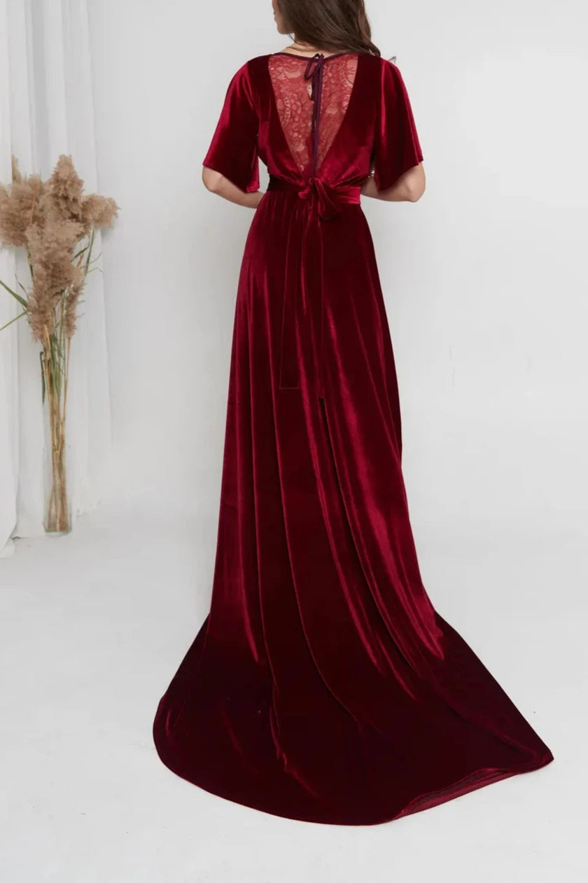 Vestido elegante de dama de honor de corte A, de terciopelo, con mangas cortas y escote en V, estilo sirena